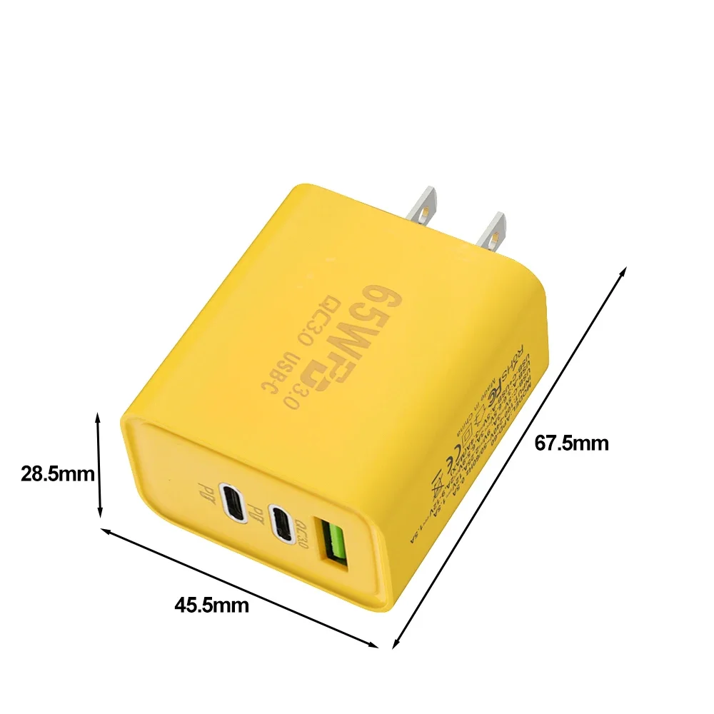 65 W 3 Poorten GaN USB PD Mobiele Telefoon Opladers USB C Naar Type C Hoge snelheid Opladen Datakabel Koord QC3.0 Mobiele Telefoon Muur Adapter: eu