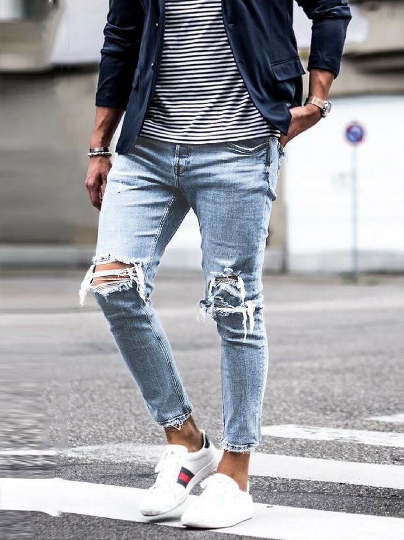 Mænd streetwear knæflækkede skinny jeans hiphop ødelagt hul ensfarvede mænds stretch denim bukser: Xxxl