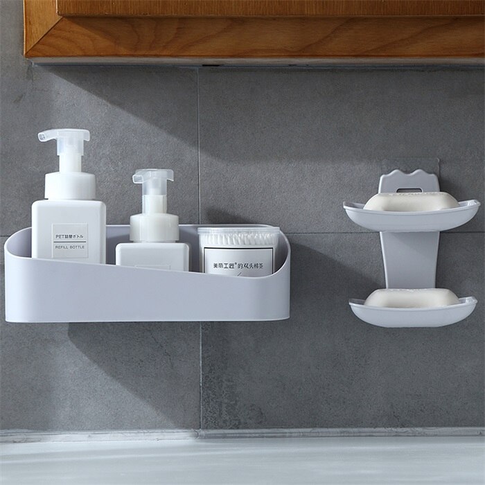 Bathroom Accessories Storage Shelf & Rack Waterproof Floating Shelf Home Decoration Kitchen Free Punching Wall Hanging H1148: Grey A