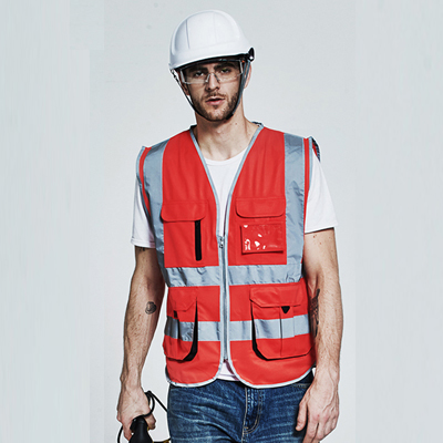 Sfvest herre cargo arbeidsvest multi lommer gylden sikkerhetsvest reflekterende vest arbeidsklær ogo utskrift: Rød / Xl-bryst 124cm