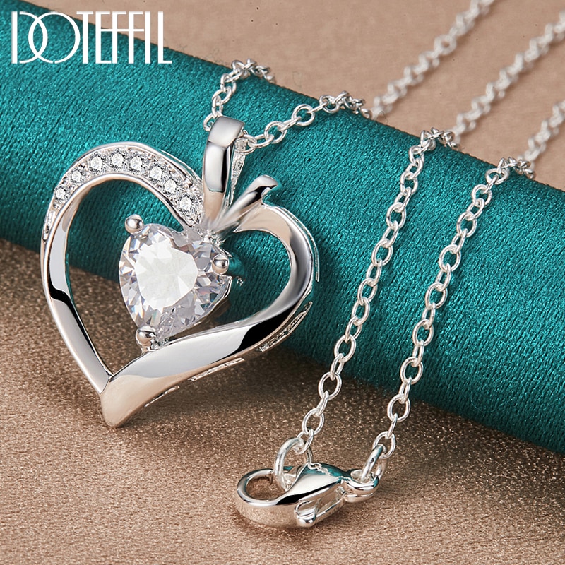 DOTEFFIL-collar con colgante de corazón de circón AAA para mujer, de Plata de Ley 925, cadena de 16-30 pulgadas, joyería de compromiso de boda: Blanco / Otros