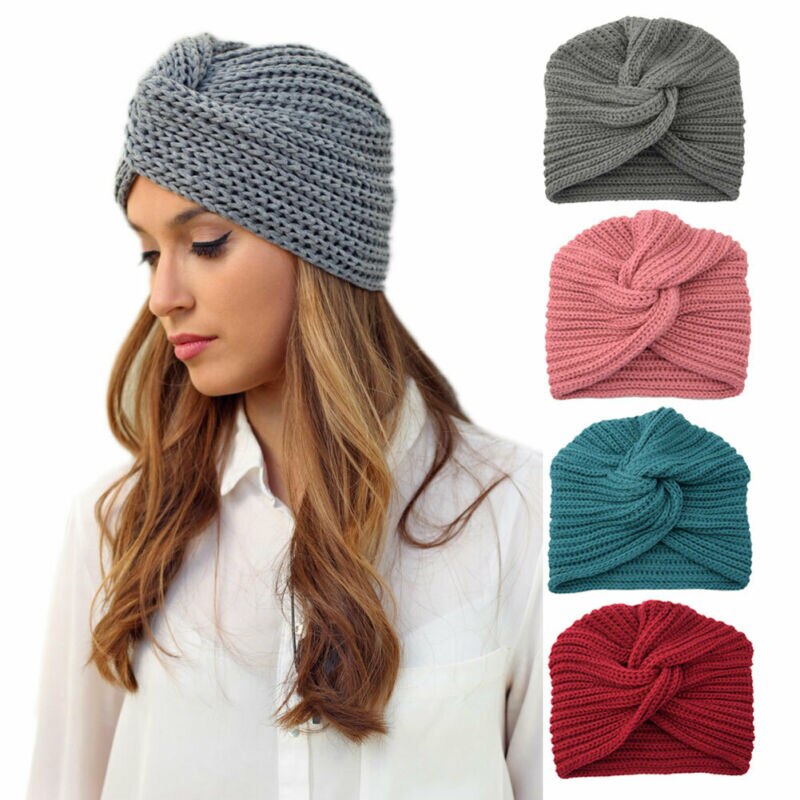 Fshion Women's Ladies Turban Hat Knitted Cap Spring Winter Headwrap Beanie Crochet Beige Black Gray Pink