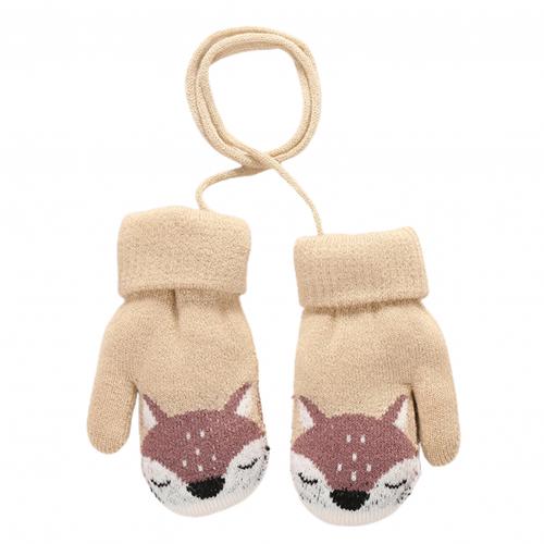 Kinderen winter dikke warme schattige cartoon vos dubbellaags gebreide handschoenen wanten met touw hang handschoenen aan kindernek: Khaki