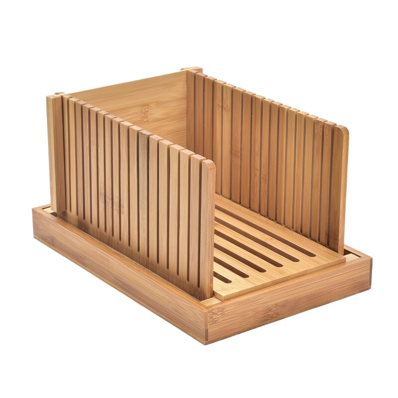 Bamboo Bread Slicer for Homemade Bread Cutting Board with Crumble Holder Tray Adjustable Compact Foldable Loaf Slicer