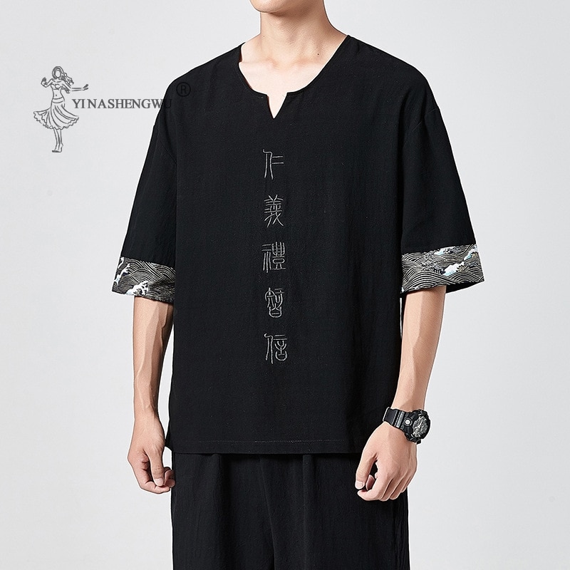 Japanske kimonoer kortærmet t-shirt broderet harajuku yukata japan sommer herre linned herre skjorter bukser asiatisk kostume