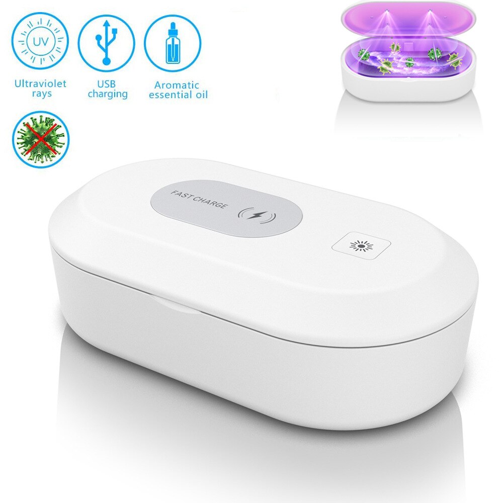 UV Light Sanitizer Box Portable Phone Cleaner Multi-function Ultraviolet Disinfection Box Wireless Charger for Nail Tweezers Box: white