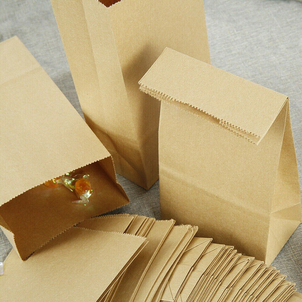 100Pcs Brown Kraft Paper Lunch Food Carrier Bags Takeaway With Flat Handles Disposable Environmentally Packaging Paper Bags