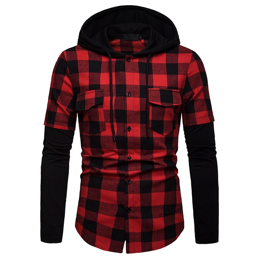 Mænds casual slim fit skjorte plaid hætte med to lommer langærmet top skovhugger ternet skjorte jack tøj 205 #39