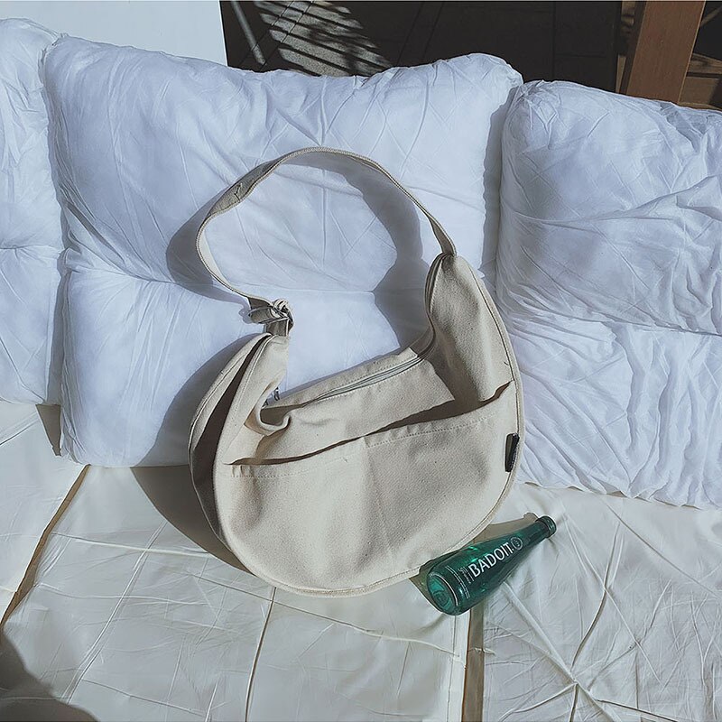 Alasir Artsy Canvas Bag Girl Preppy Solid Shopping Shoulder Bags Women Canvas Hobos Bag Minimalist Cross Body Bags: White