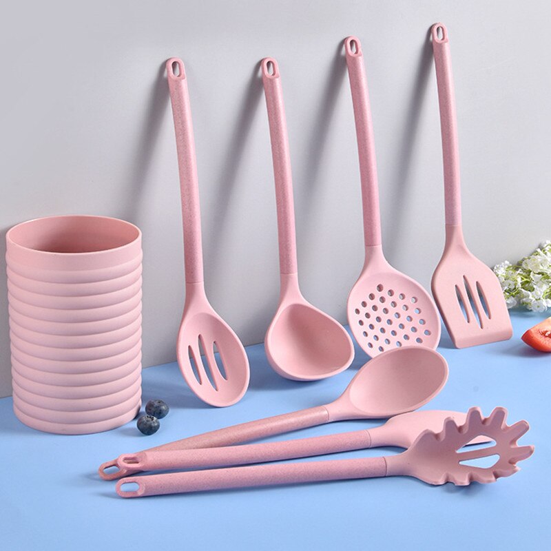 8PCS Pink Silicone Cooking Utensils Non-stick Kitchenware with Spoon Holder Kitchen Accessories Cooking Tools Set for Kitchen