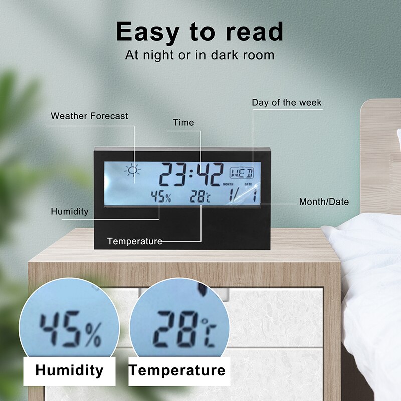 Fandson Lcd Digital Desk Wekker Met Kalender En Temperatuur Vochtigheid Weersomstandigheden Moderne Tafel Klok