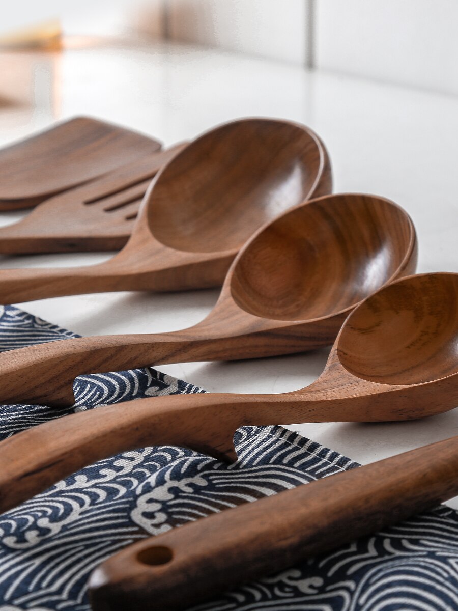 Teak Wood Long Spoon Hook Tablespoon Kitchen Wooden Soup Spoon