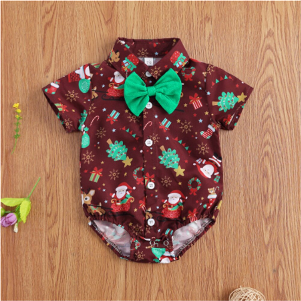 2020 bebê roupas de natal 0-24m bebê meninas meninos bodysuits santa impressão manga curta gravata borboleta cavalheiro festa camisas macacões