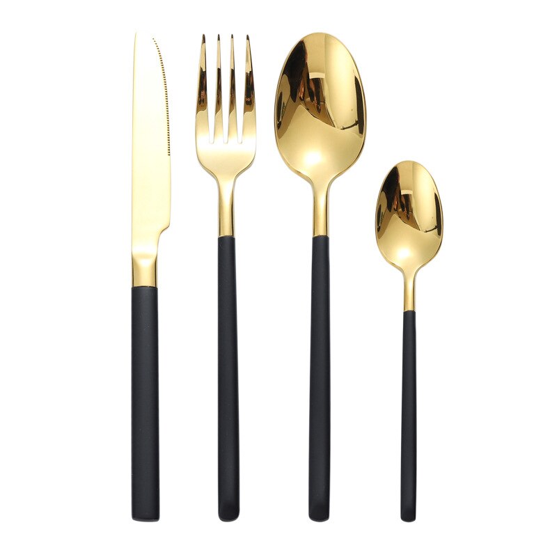 Spejl guld stål bestik sæt spisestel gaffel ske kniv sæt western restaurant rustfrit stål bordservice ske og gaffel sæt: Sort guld