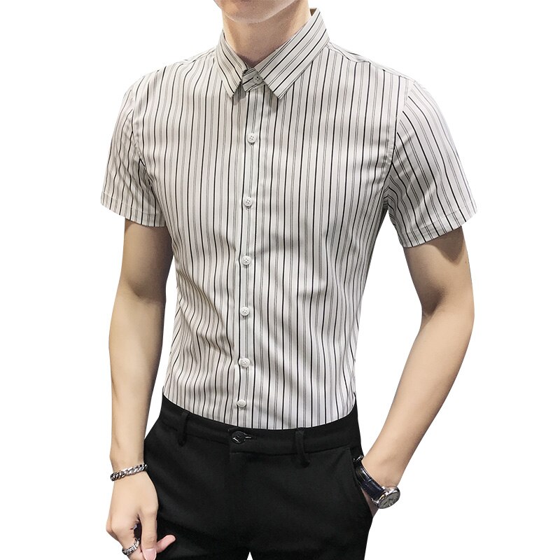 Sommer herre stribet skjorte mærke slim fit kortærmede herre sociale skjorter afslappet enkel all match bluse homme