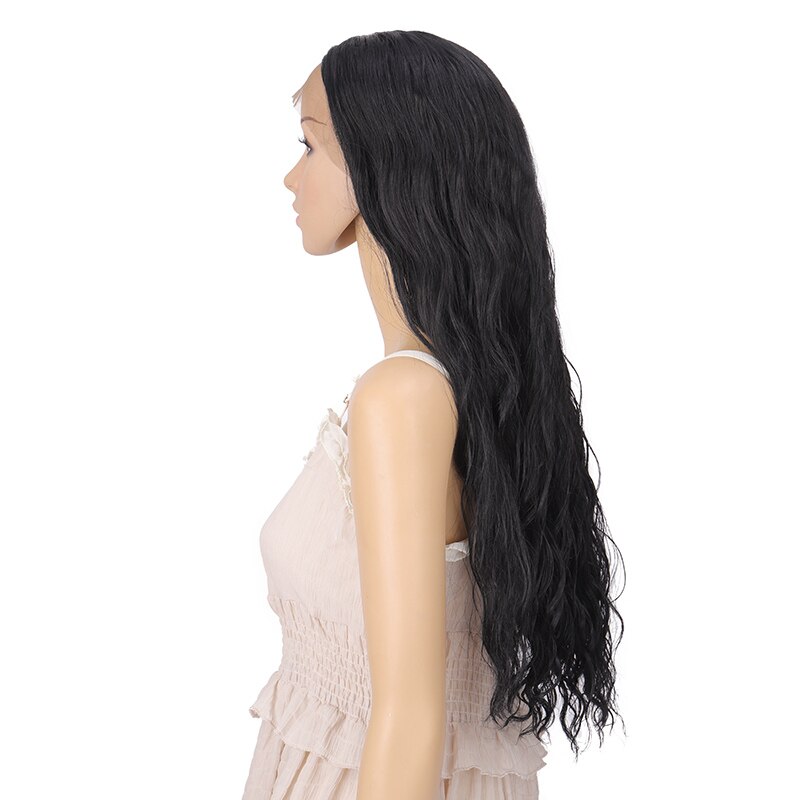MANWEI black Synthetic Hair Lace Wigs For Women 28inch Long Wavy Lace Front Wig Middle Part Heat Resistant Fiber Hair
