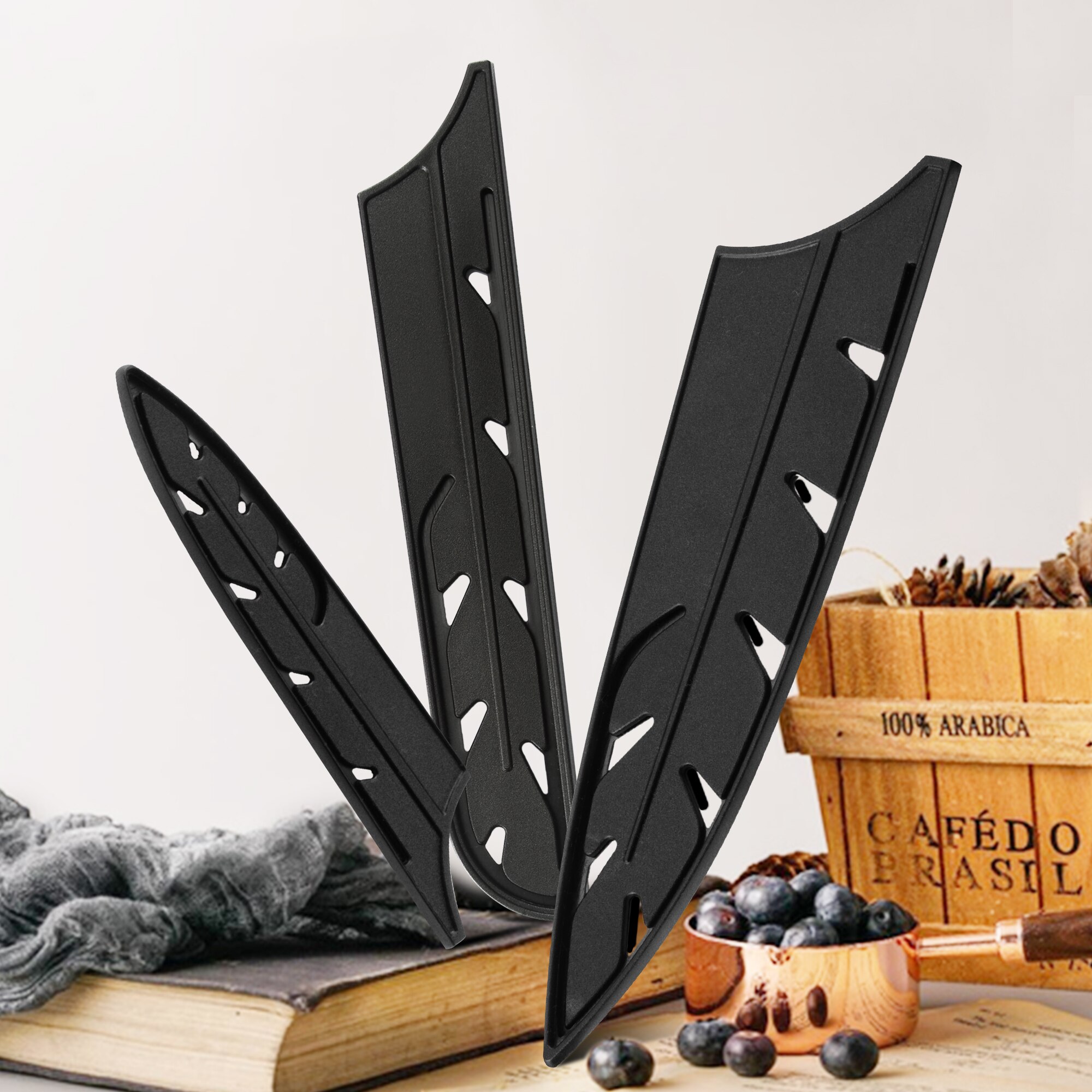 XYJ 9pcs Knife Cover Pp Plastic Black Feather Knife Sheath Utility Paring Santoku Nakiri Cleaver Bread Slicing Chef Knives