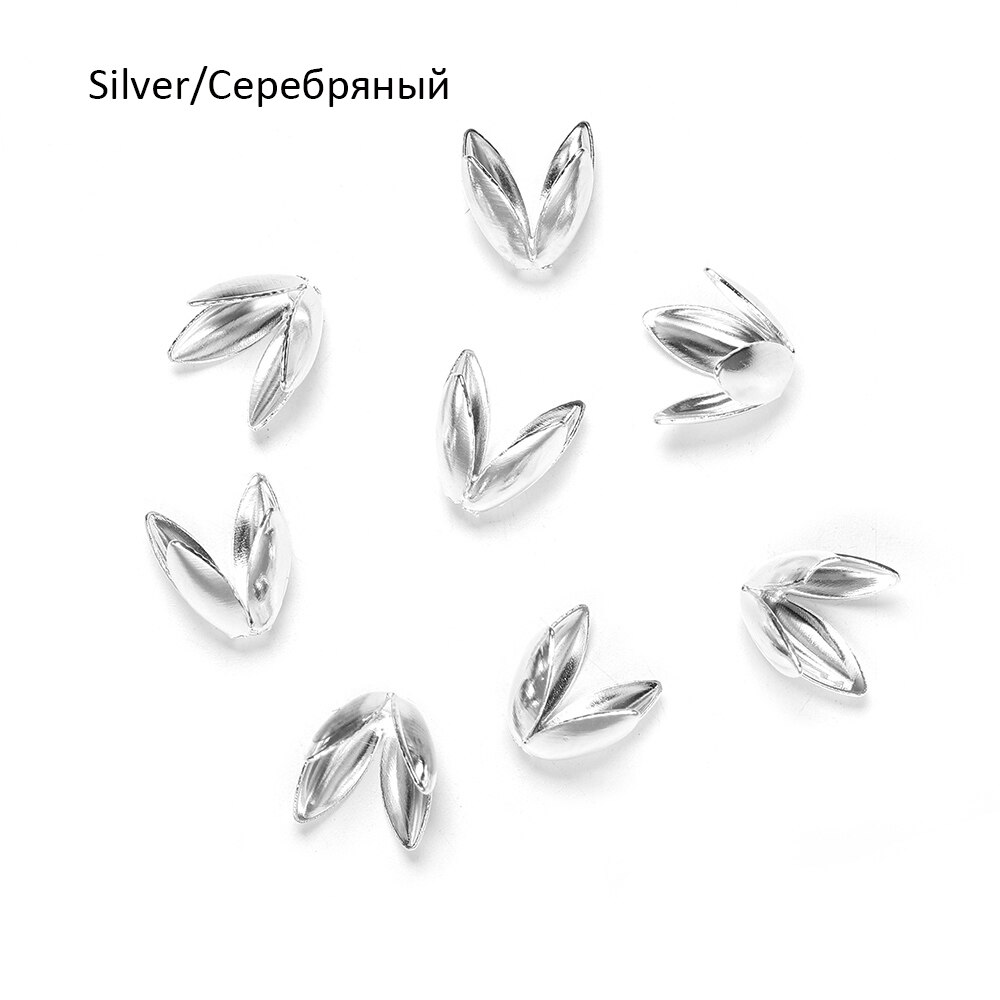 Lote de 100 unidades de tapas de cuentas de pétalos de Metal y flores de Color dorado, cuatro hojas, tazas de cuentas para fabricación de joyas: Silver