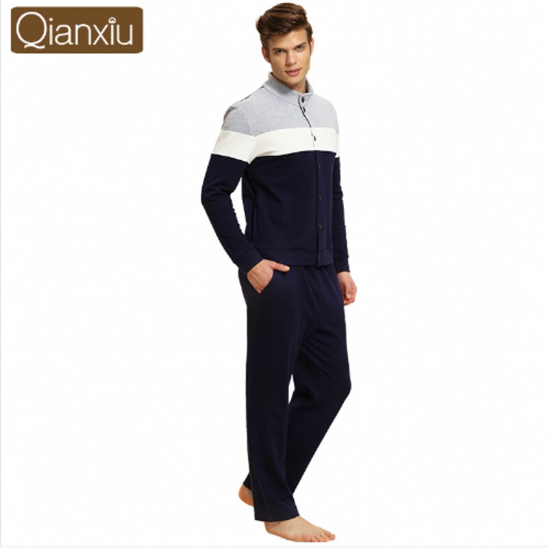 Lente Pyjama sets Koppels Casual patchwork Homewear Mannen Katoen Nachtkleding pak Mannelijke Lange mouwen vest Jas + Broek