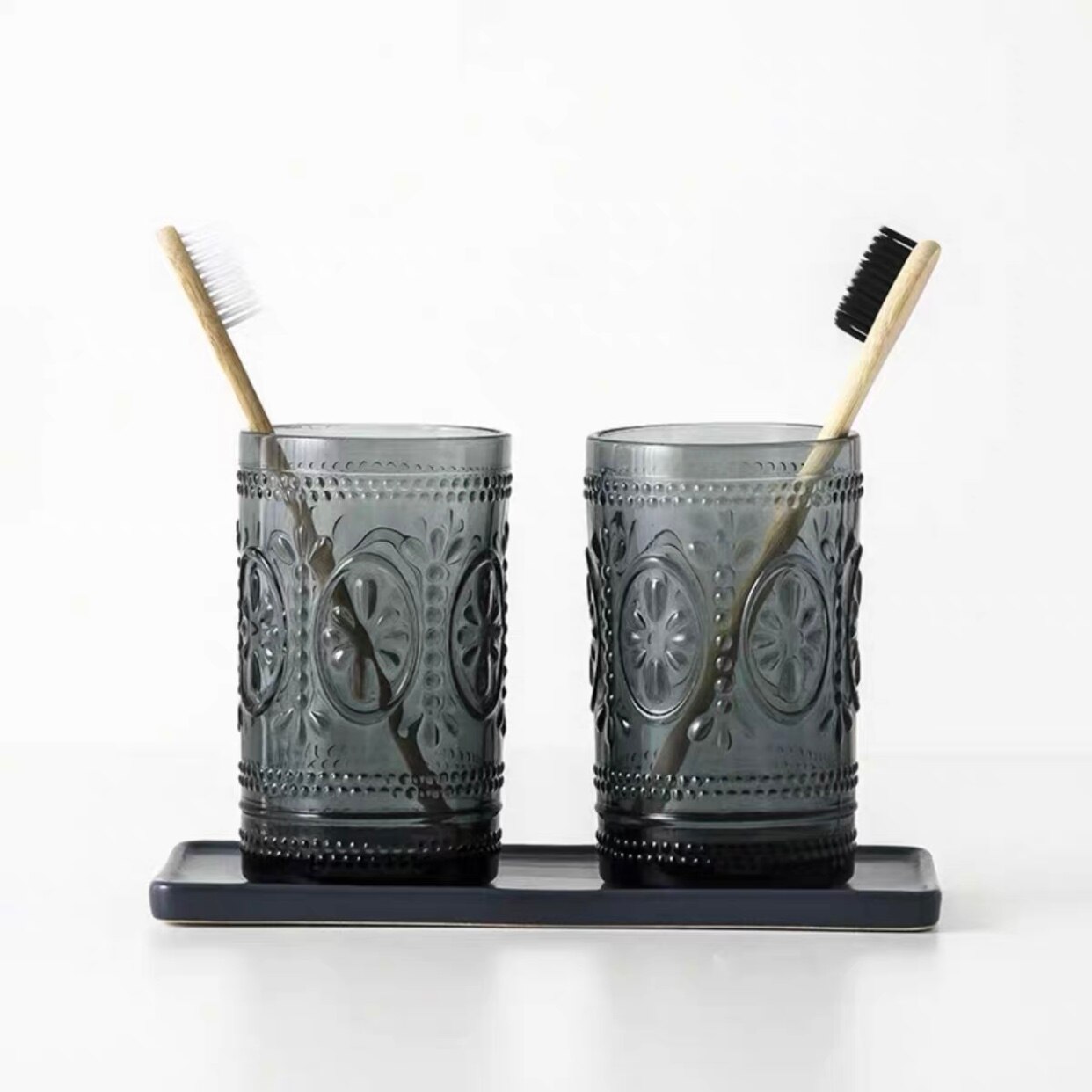 Scandinavische Stijl Glas Badkamer Accessoires Set Shampoo Dispenser Zeepkist Tandenborstel Beker Creatieve Lotion Fles Luxe Decoratie: grey-F