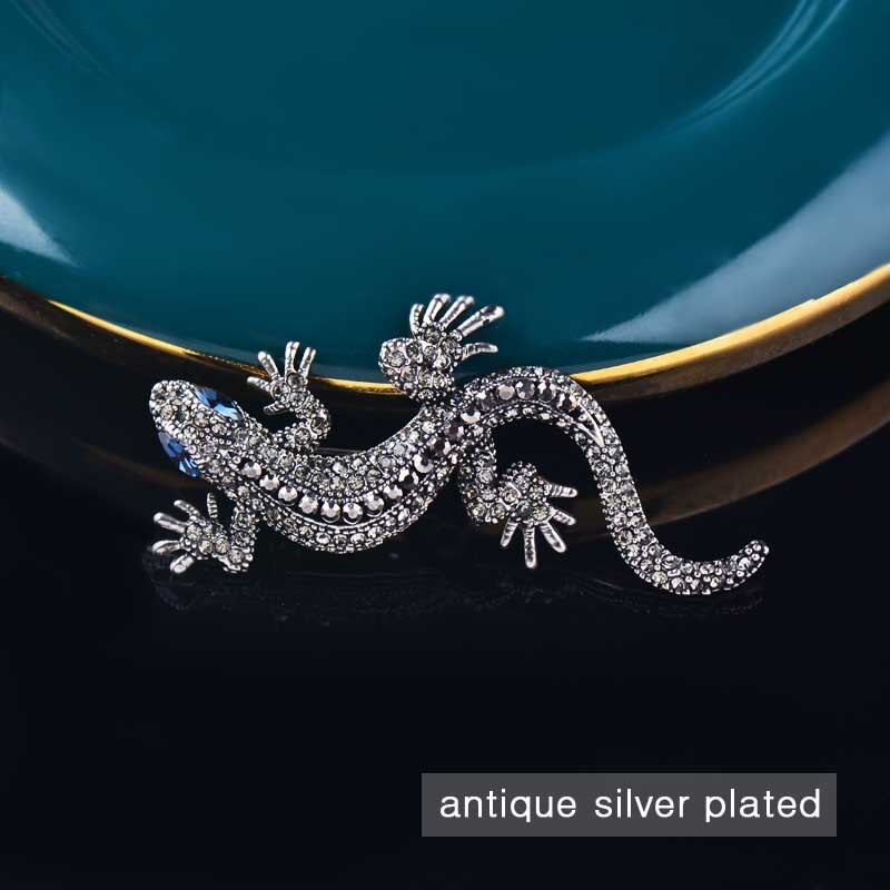 SINLEERY Unique Gecko Brooch Rose Antique Gold Silver Color Inlay Crystal Blue Zircon Eyes Brooches For Women Jewelry XZ122 SSC: XZ122S