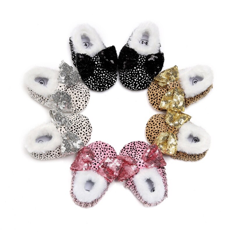 Bonitos zapatos de invierno para niñas de 0 a 24 meses con de leopardo y lazo, zapatos suaves y bonitos para niñas, botas de nieve infantil, zapatos para niños pequeños