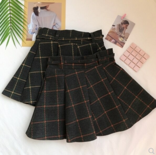 Japanese sweet Autumn Plaid pleated Woolen skirt soft girl cute kawaii preppy style temperament mini JK college uniform skirt