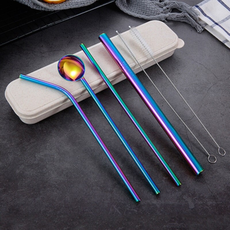 O metal reusável que bebe palhas de aço inoxidável resistente dobrou a palha reta das bebidas com acessório da festa da barra da escova da limpeza: Rainbown