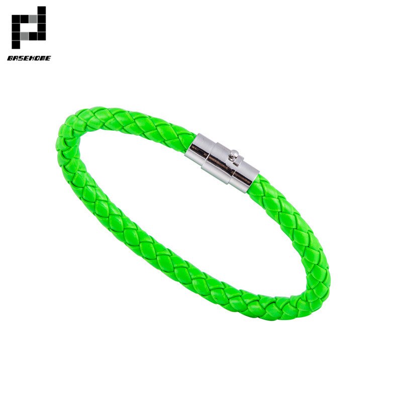 BASEHOME nowy 13 kolor plecione skórzane bransoletki mężczyźni kobiety zapięcie miedziane bransoletki męskie bransoletki prezent biżuteria: Fluorescent green