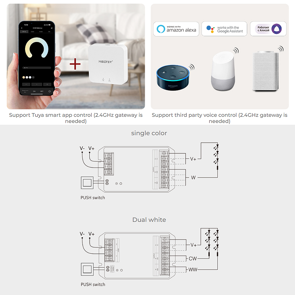 Miboxer hw2 2 em 1 hw5 5 em 1 2.4ghz wifi + controlador rf grande corrente máxima 30a para cor única/branco duplo/rgb/rgbw/rgb + cct tira conduzida