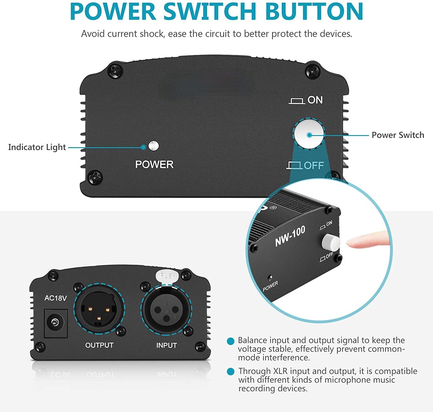 Alimentation fantôme 48V avec adaptateur, en Bonus + XLR, câble de Microphone à 3 broches pour tout Microphone à condensateur, équipement d'enregistrement de musique