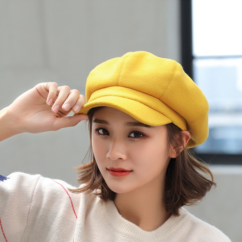 Mannen en vrouwen platte pet geruite kunstenaar schilder baret hoed retro krantenjongen pet, Geel, One size