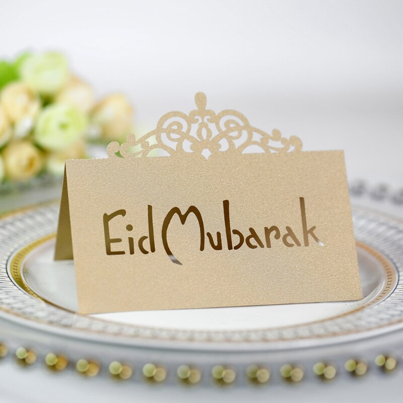 100Pcs 3D Bloemen Kroon Eid Mubarak Tafel Card Ramadan Kareem Holle Letters Papier Placecard Moslim Party Decoratie