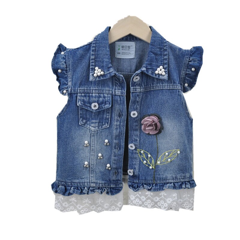 Girls 3D Flower Pearl Lace Denim vest embroidered waistcoats kids jeans vests children spring autumn sleeveless coat