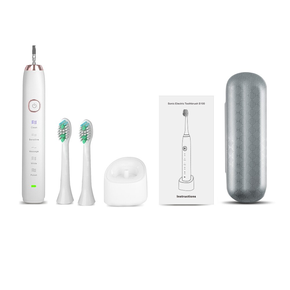 Sarmocare S100 Ultrasonic Sonic Electric Toothbrush LED indicator toothbrushes IPX7 Waterproof 5 models Wireless rechargeable: white and 2 heads