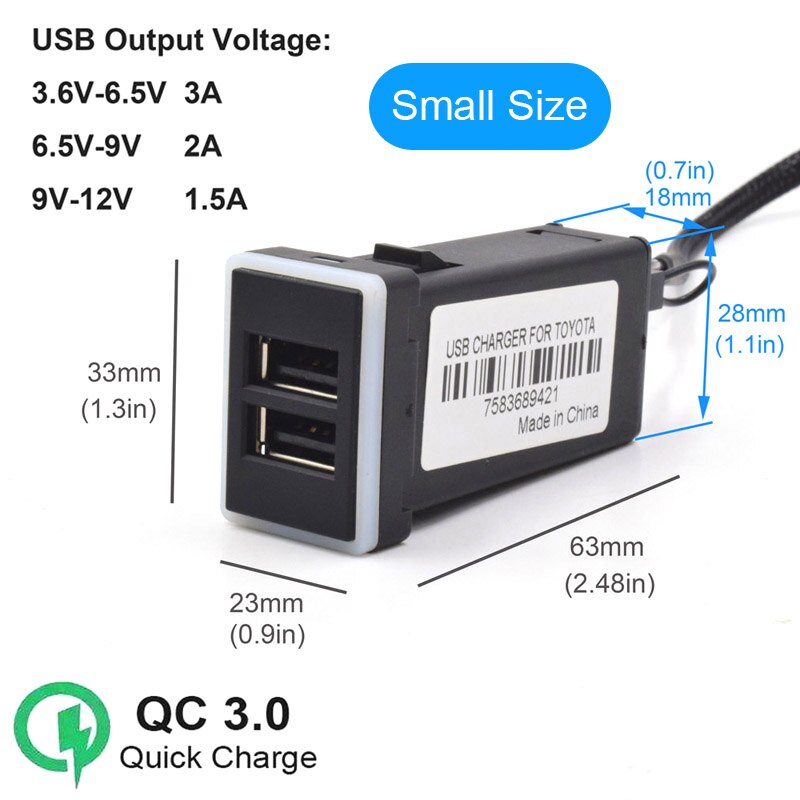 Xcgaoon QC3.0 Snel Opladen 2 Usb Autolader Dubbele Usb Telefoon Pda Dvr Adapter Plug & Play Kabel Voor Toyota: Small size