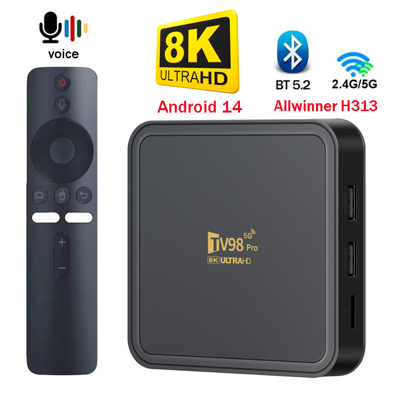 TV98 Pro TV Box Android 14 Suporte HD 8K4K Vídeo 5G Dual Wifi BT5.2 Reprodutor de controle remoto por voz Allwinner H313 Smart TV Box iptv