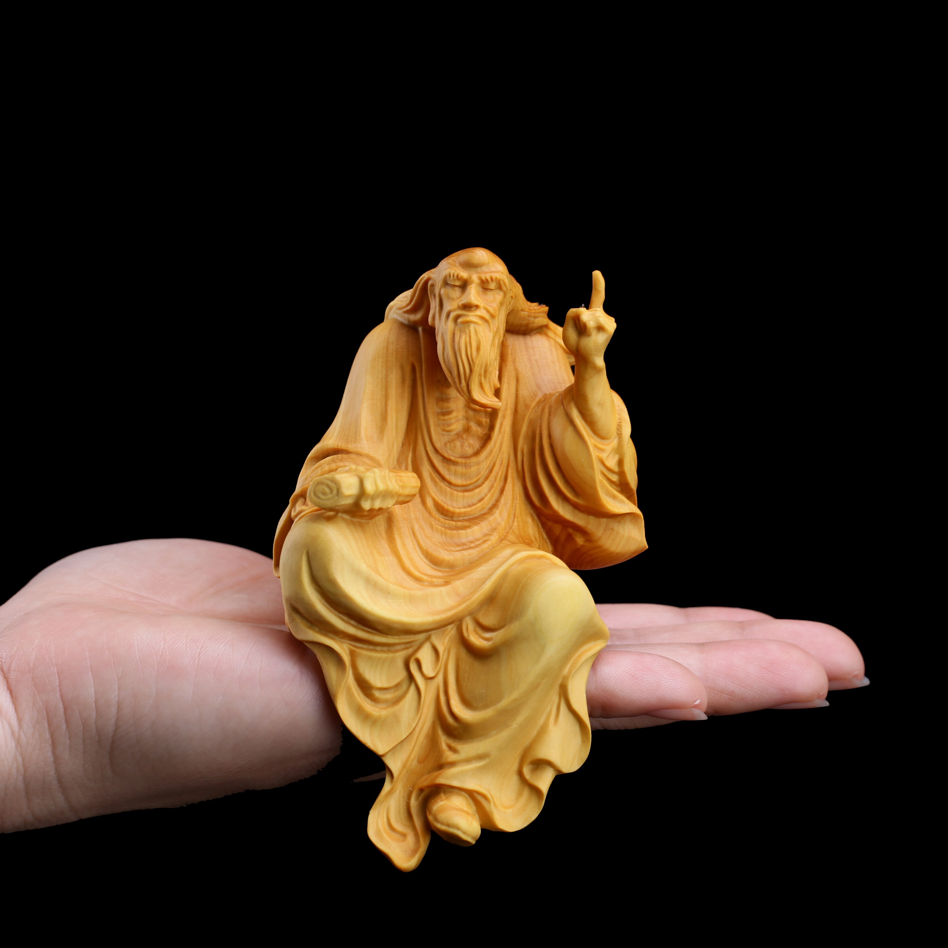 Boxwood 11cm Laozi Preach Sculpture Taoism Figurines Feng Shui Wood Statue Lao Tzu Zen Collection Home Decor