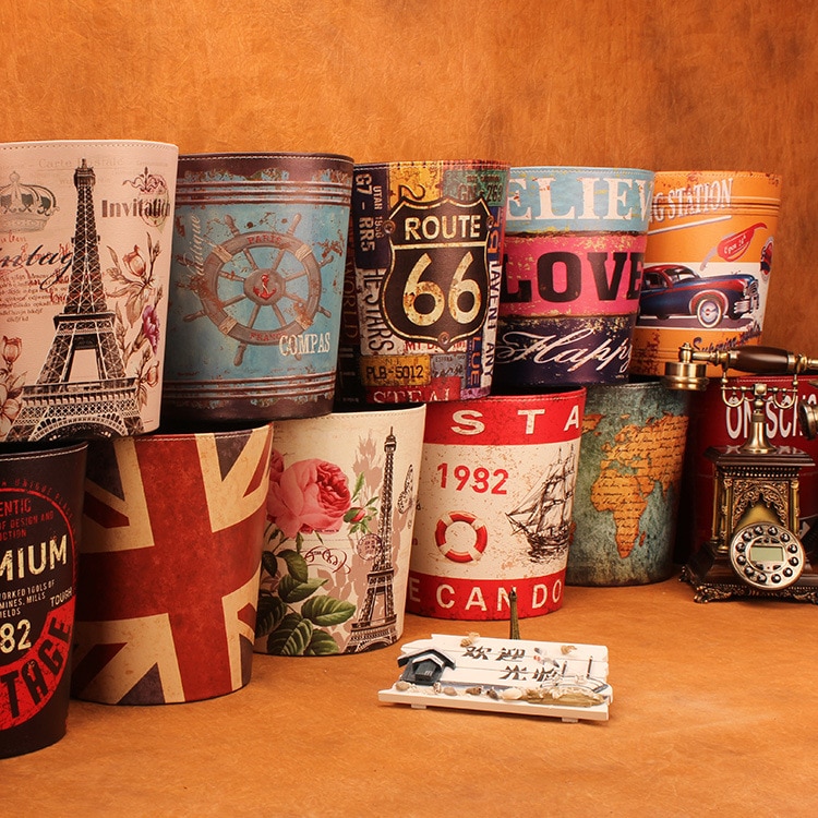 27cm Retro Wastepaper Basket PU Leather Bar Rubbish Bin Office Paper Basket Vintage without Lid Dustbin 8 Patterns