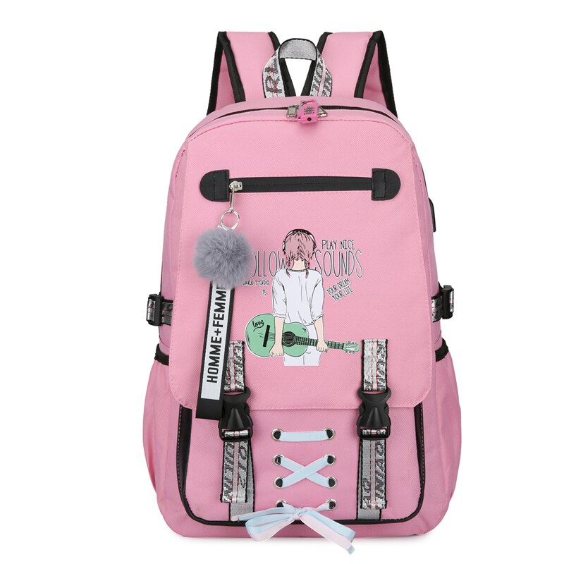 Große Schule Taschen für Teenager Mädchen Rucksack Frauen Bookbags Schüler Nylon Druck Hochschule Schul Jugend Usb mit Schloss Bagpack: Rosa