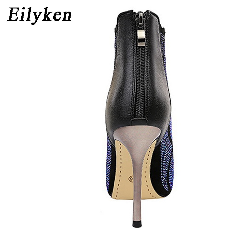EilyKne-Botines finos de tacón alto para mujer, botas femeninas de tacón fino, brillantes, de punta estrecha con diamantes de imitación, con cremallera, para club nocturno, para invierno,