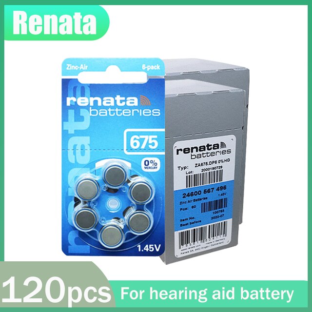 12-120ps 100% Original Renata 675 A675 675A PR44 1.45V 660mAh Zinc Air Battery For Hearing Aid Audiphones A675 Button Coin Cells