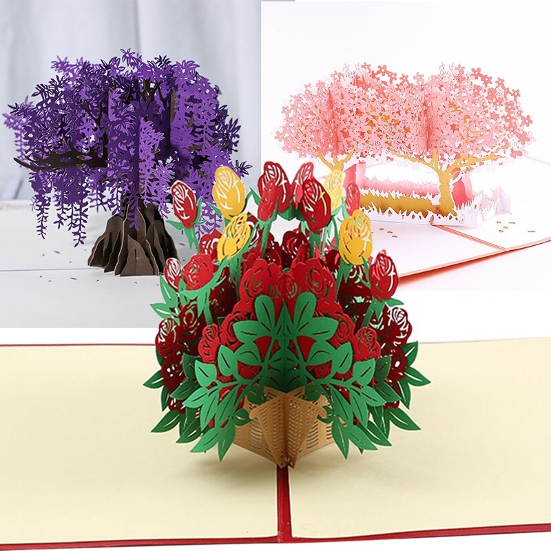 3D Pop Up Greeting Cards Cut Post Flower Card for Wife Mother Birthday Christmas Valentine Party Wedding Invitation Card