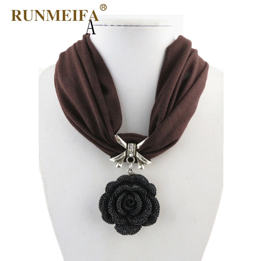 Classic Black Rose Flower Pendant Tassel Scarf Necklace Soft Cotton Neck Wrap Party Short Polyester Scarf Women