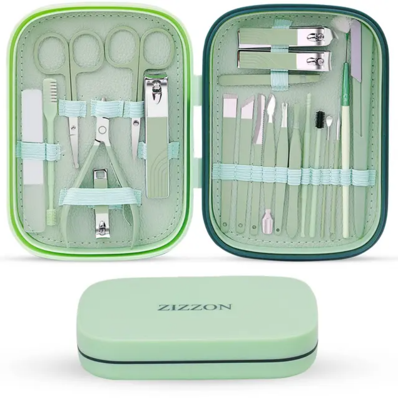 22pcs/set Manicure Set Stainless Steel Pedicure Sets Nail Clipper with Travel Case Nail Kit Set Tool Kit: light green