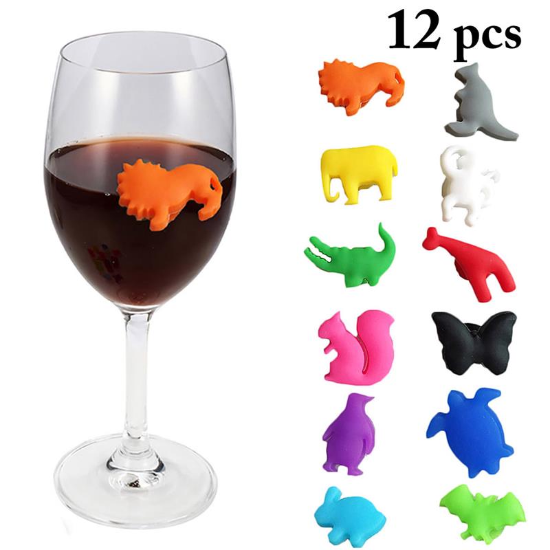 Marqueur de verre de vin en Silicone | 12 pièces, breloques de fête des animaux, breloques de boire, tasse d'identification, tasse, étiquettes étiquettes