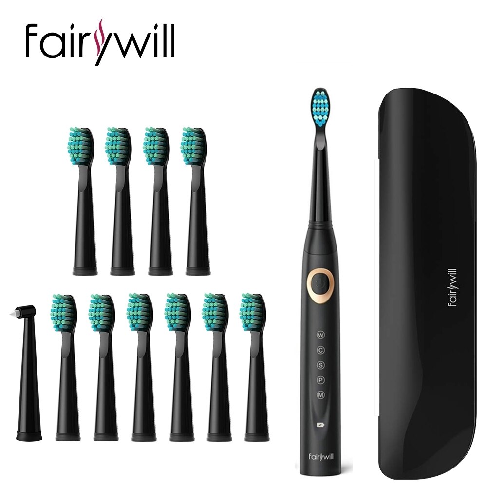 Fairywill – Brosses à dents électriques Sonic pour adultes et enfants,appareil de blanchiment rechargeable avec minuterie intelligente et 10 têtes de rechange, 5 modes de nettoyage,: 508B-5M-420-8BH.FW02