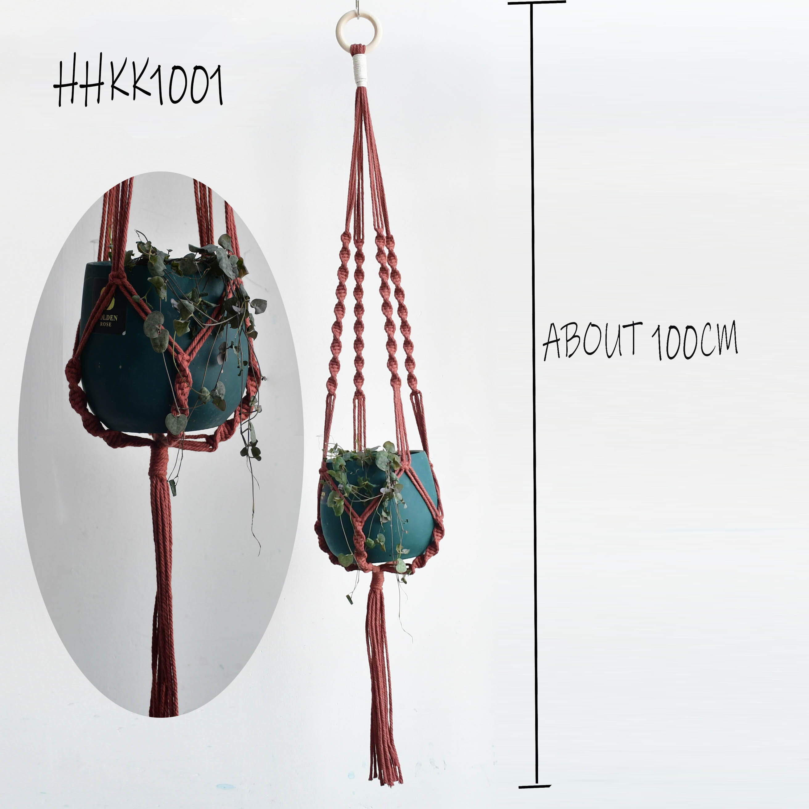 Porte-pot en macramé - Fait Main à Bali - long avec anneau en rotin