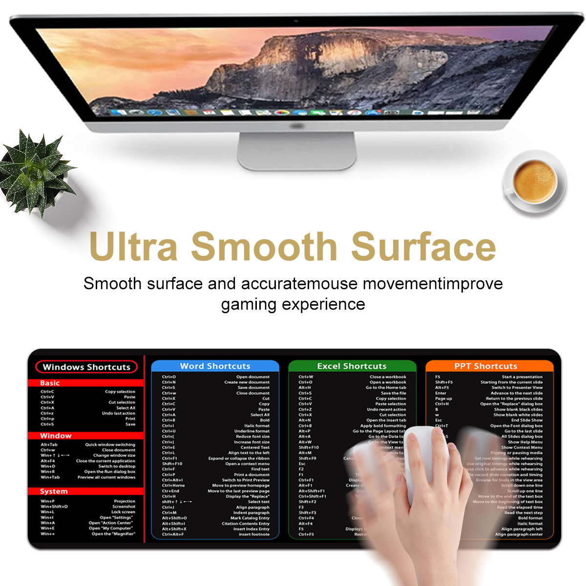 1pc Excel Shortcuts Pattern Mouse Pad Multi-size Washable Non-Slip Stitched Edge Computer Keyboard Desk Mat For Office Home