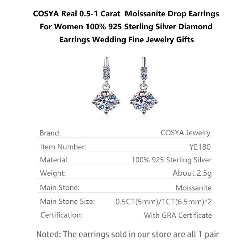 Cosya Real 1 Carat Moissanite Oorbellen Voor Vrouwen 100% 925 Sterling Zilveren Diamanten Oorbellen Bruiloft Fijne Sieraden